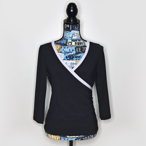 White House Black Market Tops - WHITE HOUSE BLACK MARKET Faux Wrap Crossover Top Y2K V-Neck 3/4 Sleeves Black M